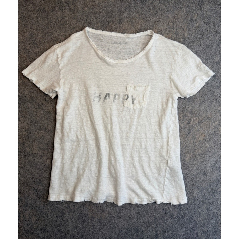 Zadig & Voltaire Amber Linen T Shirt XS White Distressed Graphic Slub Pocket Tee
